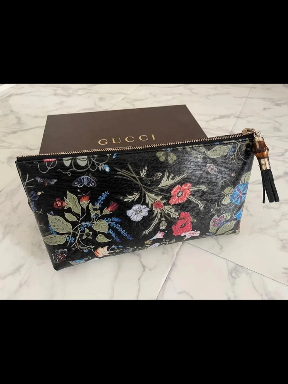 Gucci Black Floral Zip Clutch